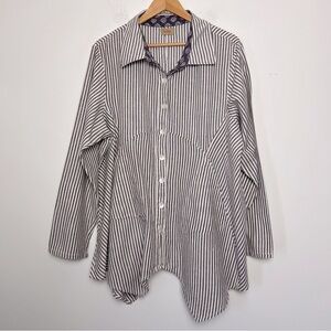 Tulip Lagenlook Shirt Brownish Gray Stripe Loose Asymmetrical Hem Button Down
